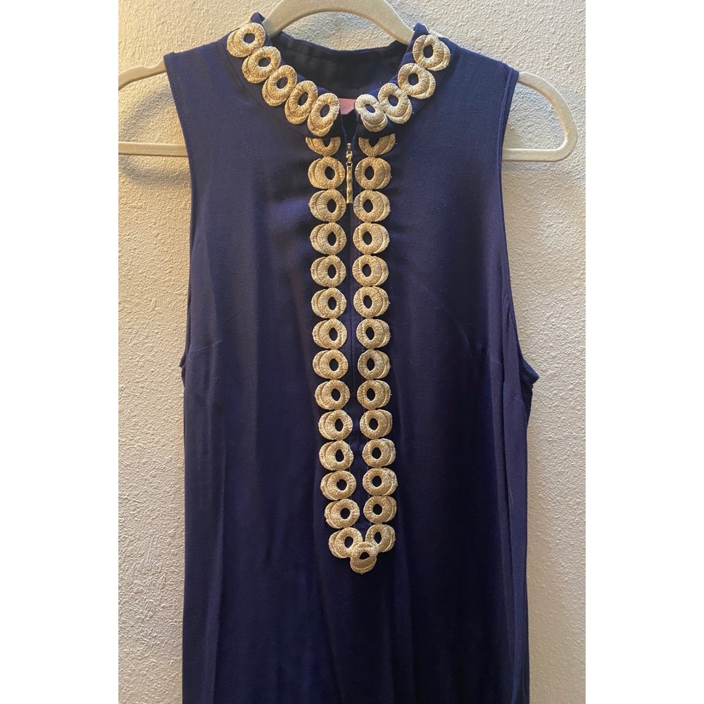 Lilly Pulitzer Navy Blue Gold Soutache Zip Front Shift Dress Womens 10 - Picture 3 of 10